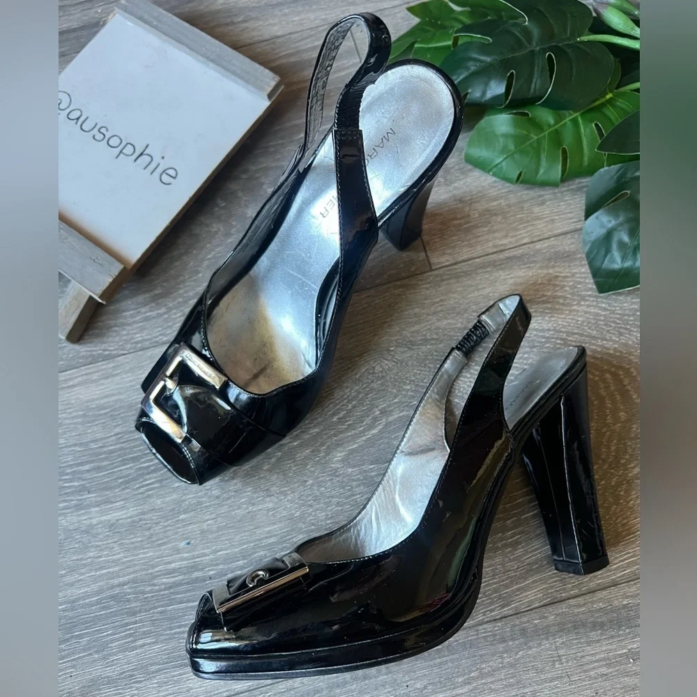 Marc fisher pilgrim buckle peep toe black patent slingback heel Size 7